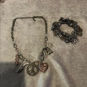 Peace and Love Charm Necklace and Bracelet Set - Bronze and Silver